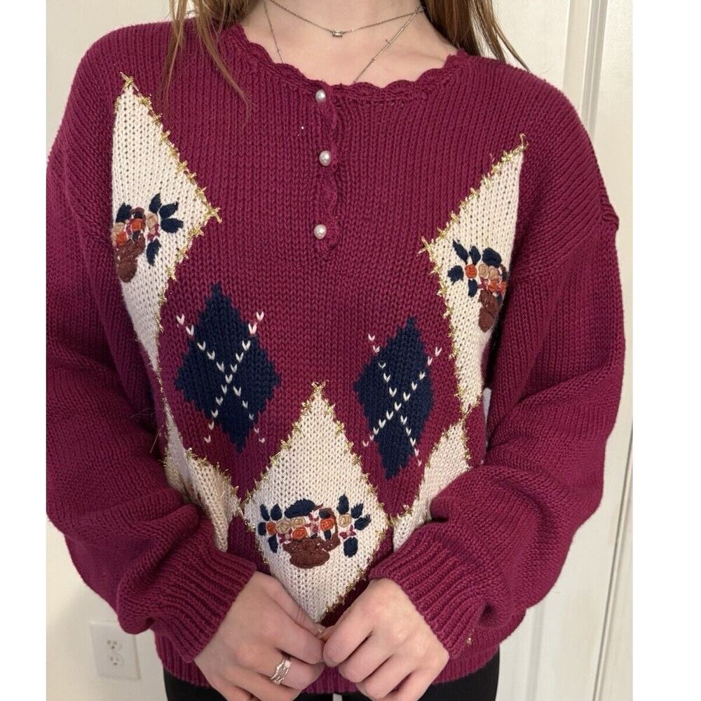 Vintage Embroidered Sweater Floral Argyle Knit Fuchsia Pink Womens Large